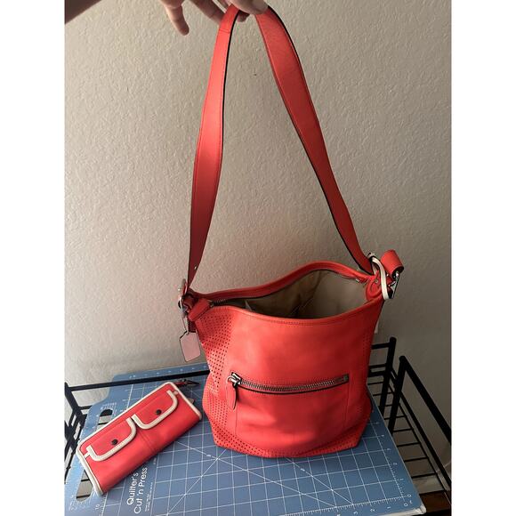 Coach Legacy Perforated Leather Hobo Bag & Matching Wallet Set - Red/Vermillion - Picture 12 of 13